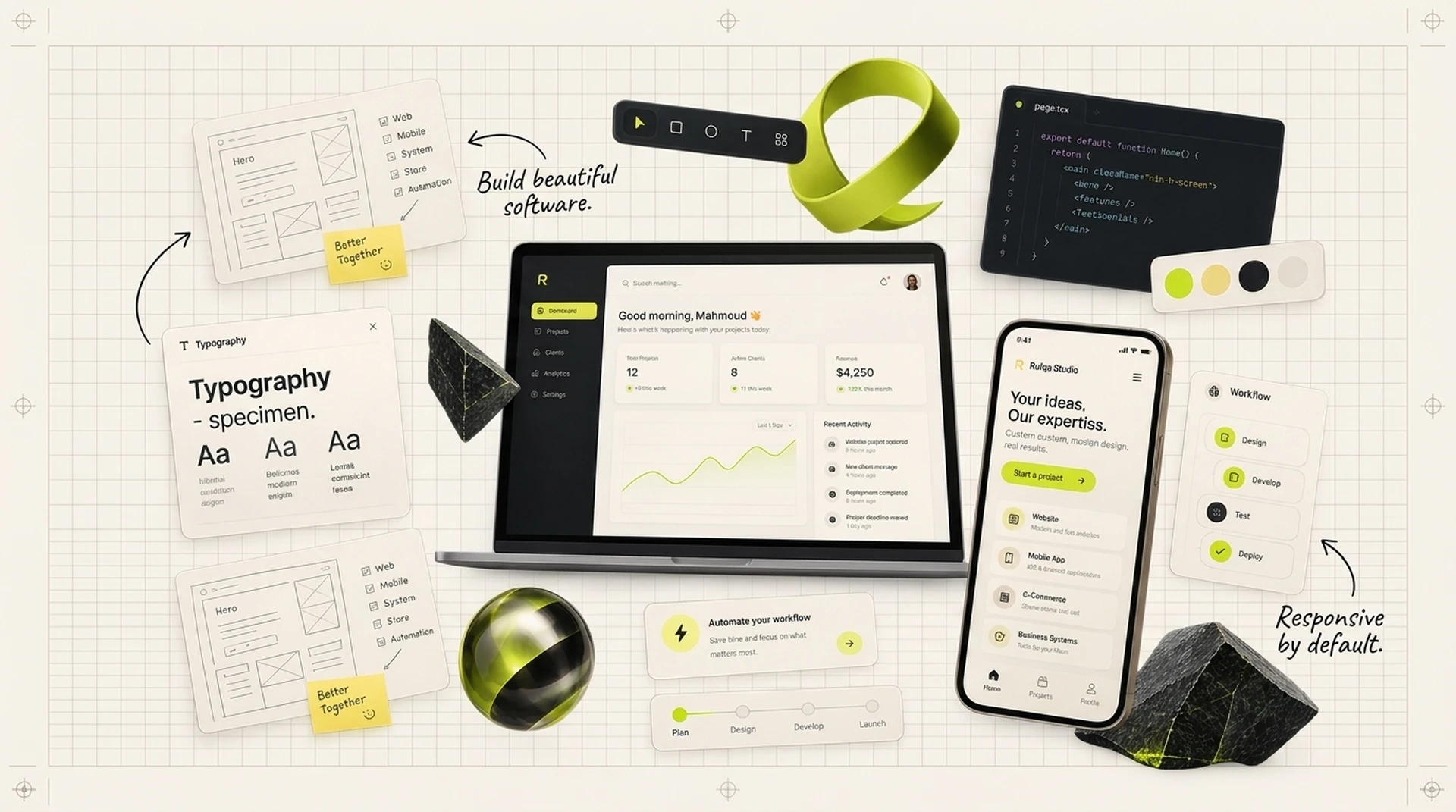 Concept artwork: a studio workspace canvas with a dashboard, design system, wireframes, a mobile app screen, and a code editor.