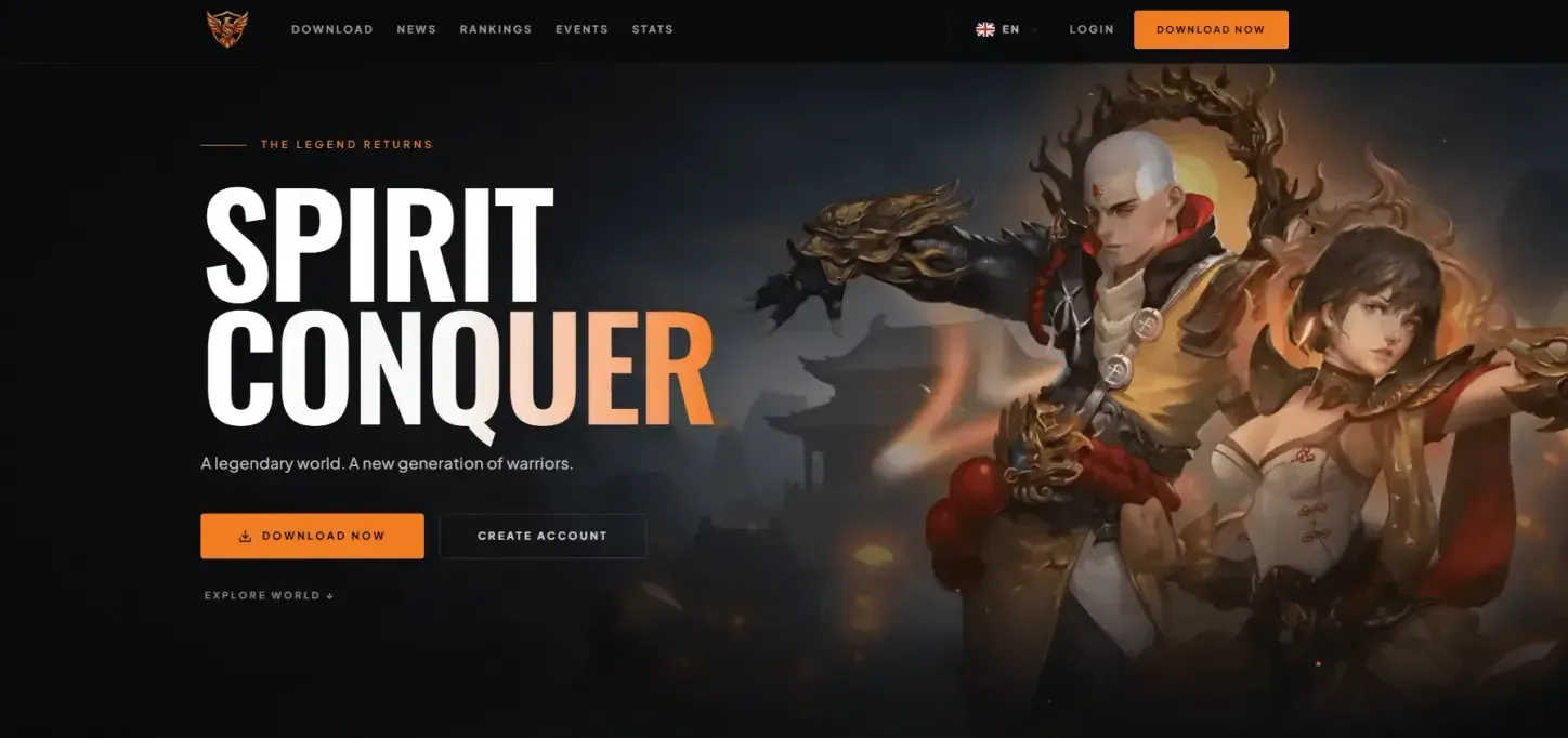 The Spirit Conquer homepage: a dark cinematic hero with two fantasy characters over temple rooftops, a large “Spirit Conquer” headline, and download and create account buttons.