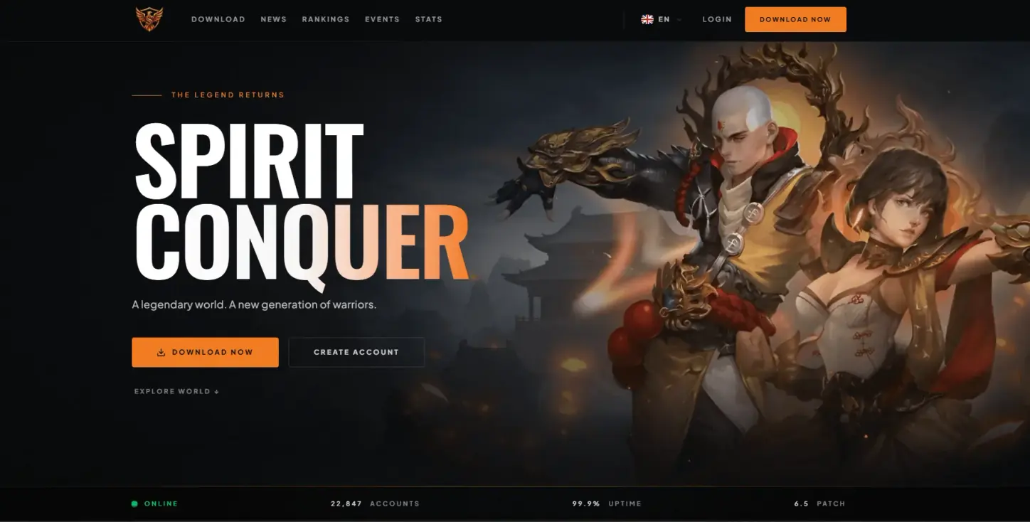 The Spirit Conquer homepage: a dark cinematic hero with character artwork, a “Spirit Conquer” headline over download and account buttons, and a status strip along the bottom reading online, 22,847 accounts, 99.9% uptime, patch 6.5.